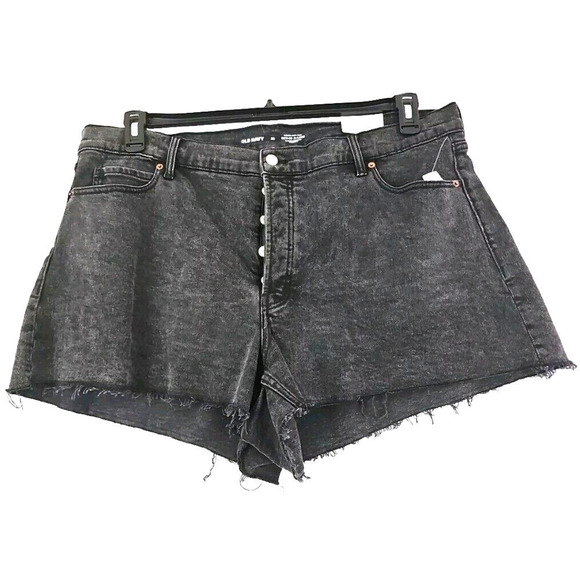 Old Navy ~Woman Plus Size 22~Black Denim Sky-Hi A-Line Short Raw Hem Button Fly - Picture 1 of 9